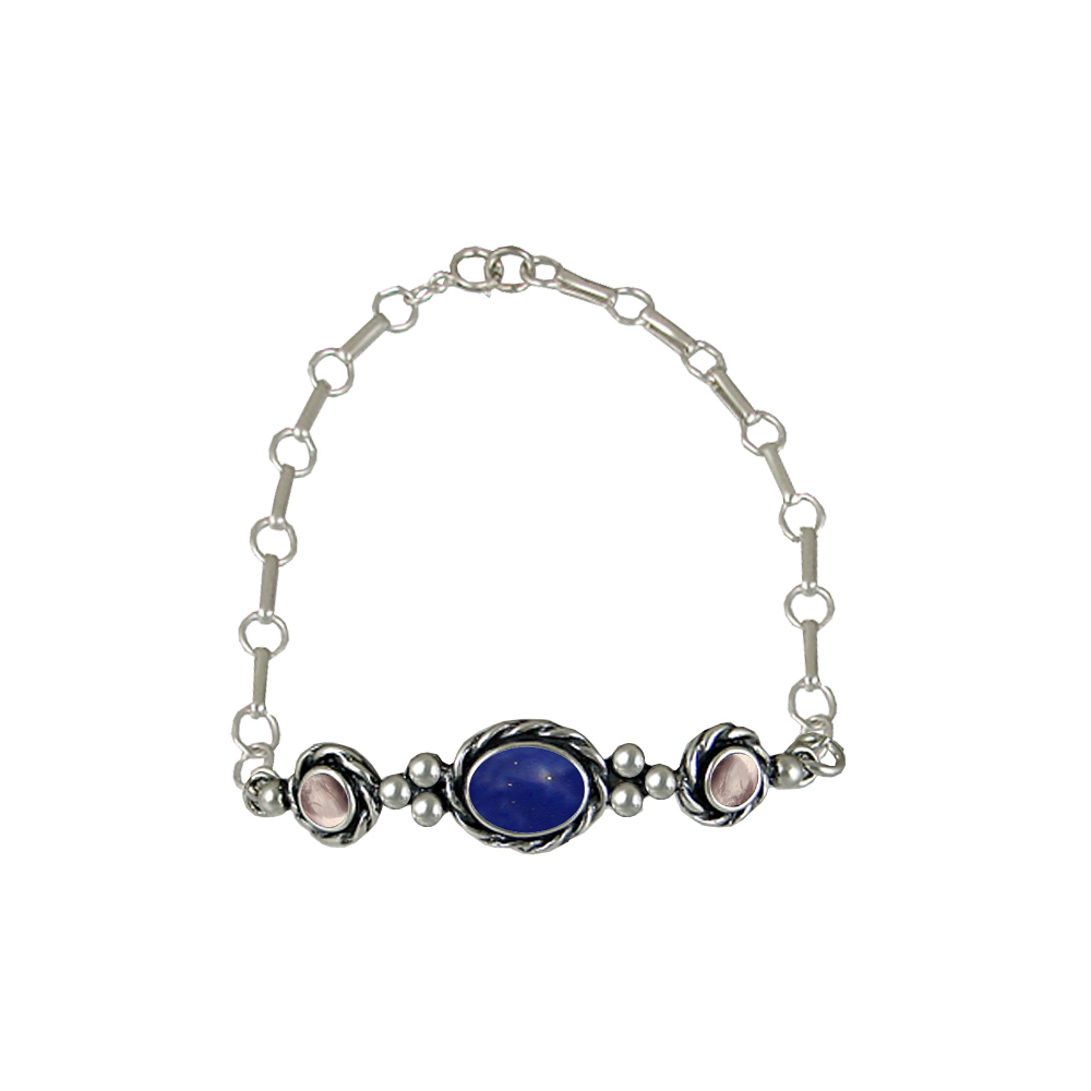 Sterling Silver Gemstone Adjustable Chain Bracelet With Lapis Lazuli And Rose Quartz
